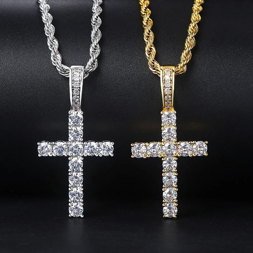 Two cross pendant necklace displayed side by side