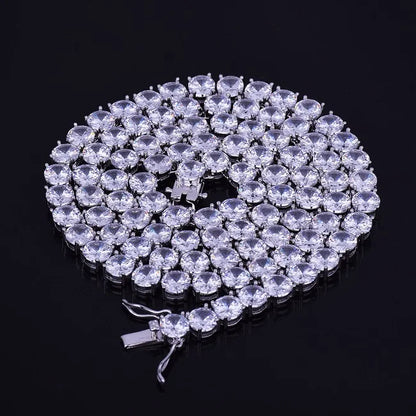 Close up of cubic zirconia tennis chain displaying stone clarity and setting