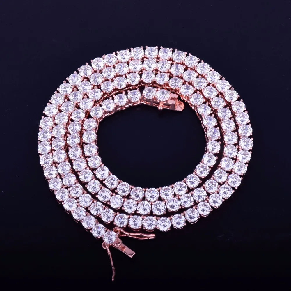 Cubic zirconia tennis chain arranged in a circular shape on a dark background