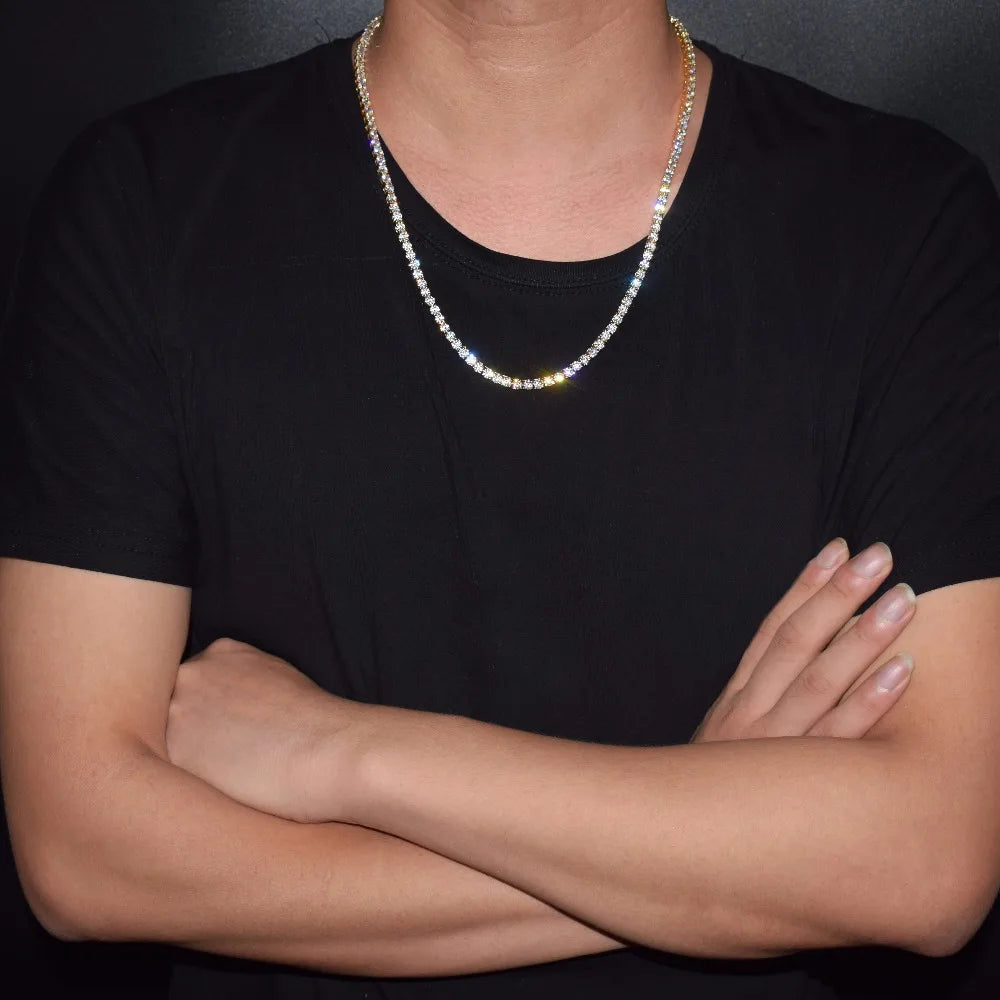 Model wearing cubic zirconia tennis chain necklace with black shirt