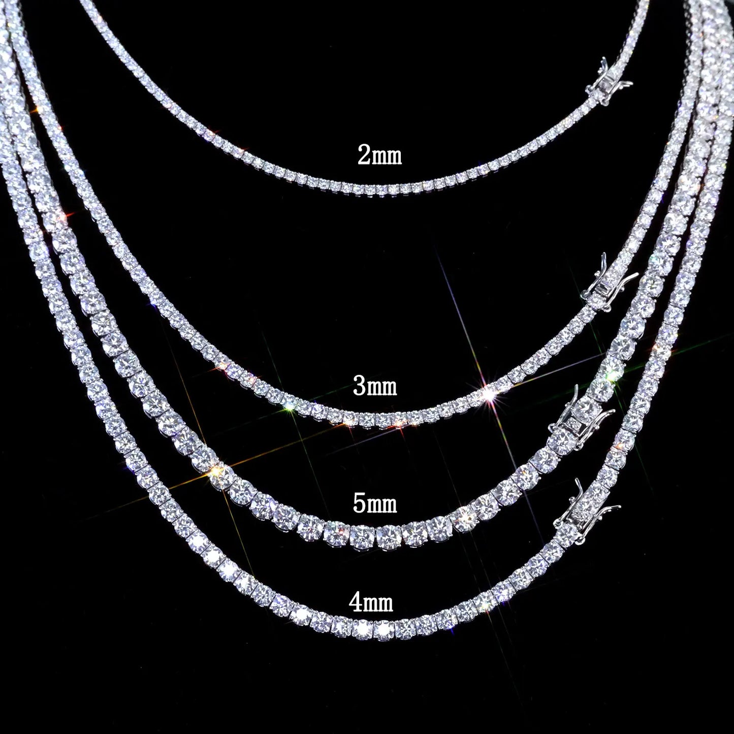 VVS Moissanite Tennis Chain displayed in multiple thicknesses, showcasing luxury shine and brilliant VVS moissanite stones.