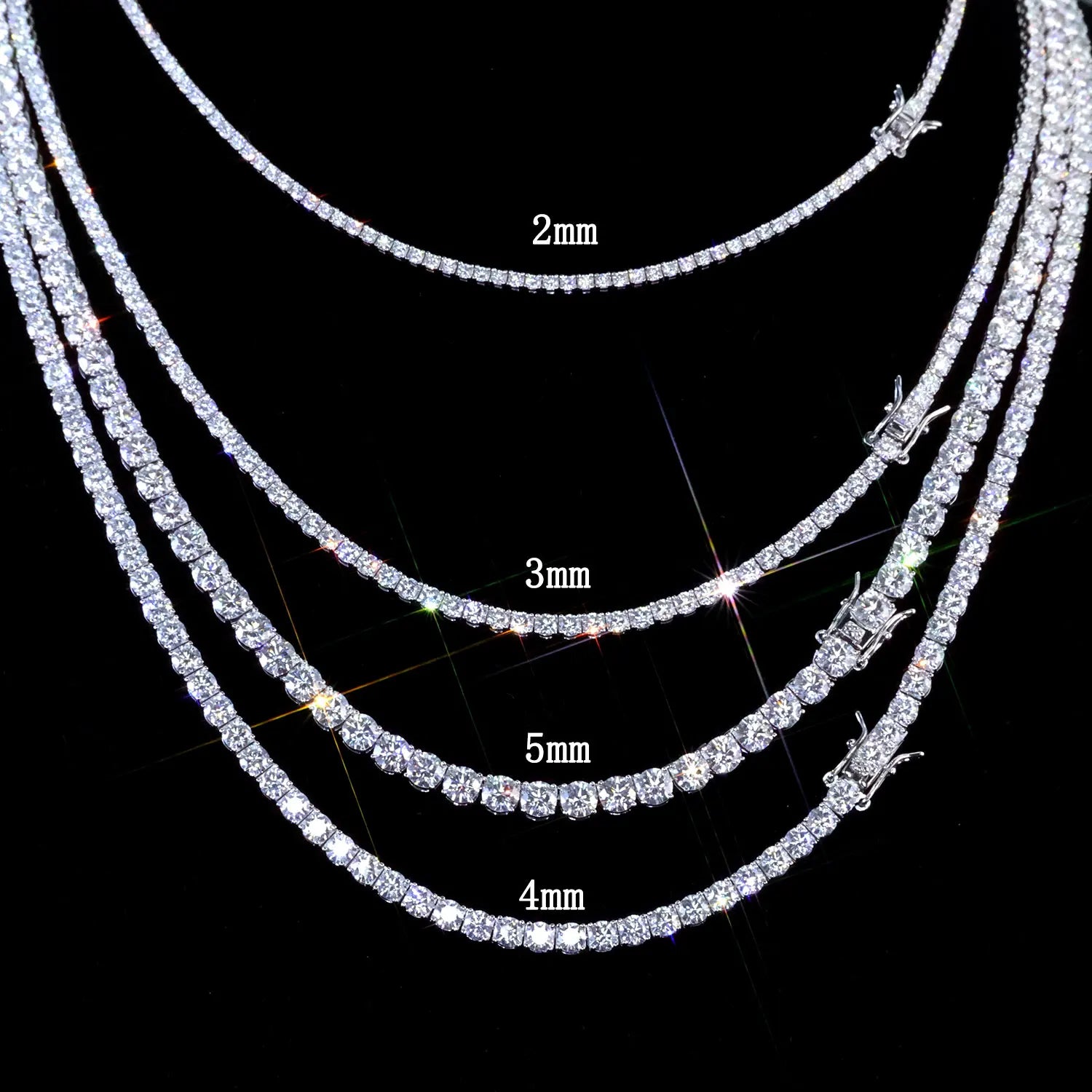 VVS Moissanite Tennis Chain displayed in multiple thicknesses, showcasing luxury shine and brilliant VVS moissanite stones.