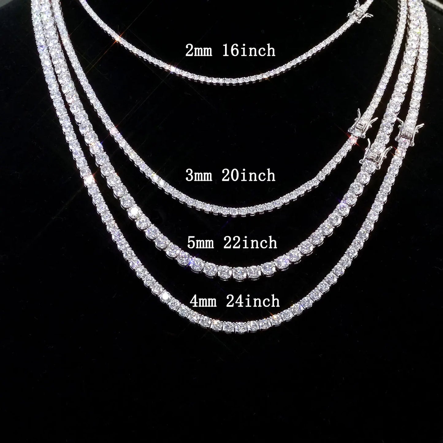 VVS Moissanite Tennis Chain options displaying different sizes and lengths of iced-out luxury jewelry.