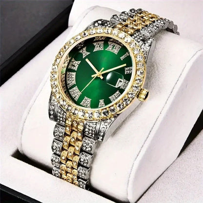 Vintage Watch Inspired Retro Quartz Timepiece green dial displayed on foam watch stand