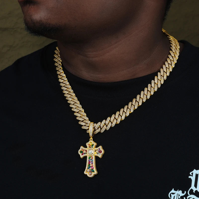 Model wearing moissanite cross pendant necklace front view