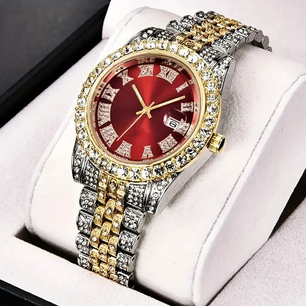 Vintage Watch Inspired Retro Quartz Timepiece red dial displayed on foam watch stand