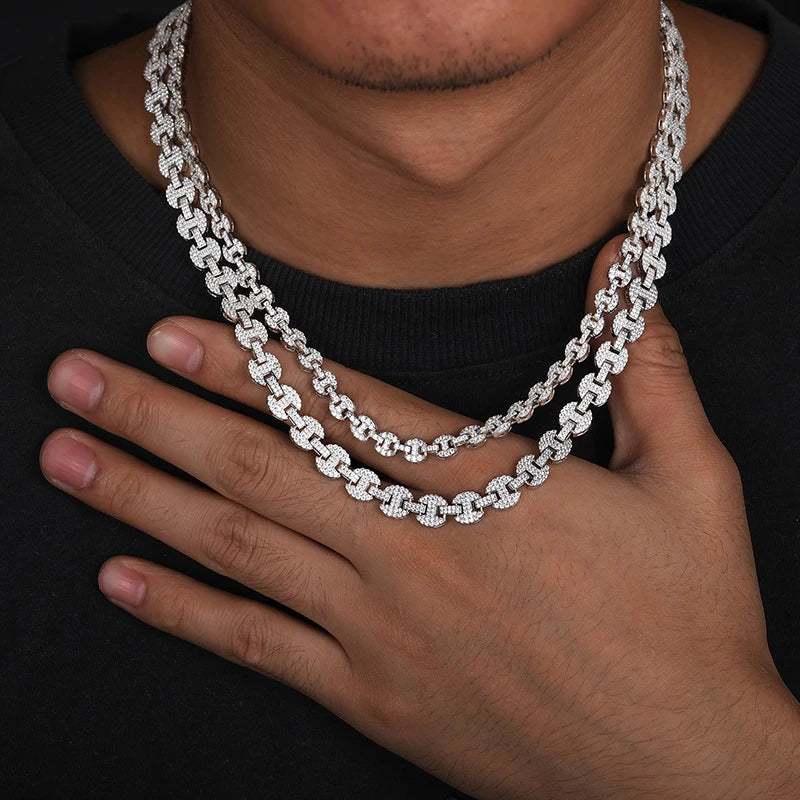 Model wearing 925 Silver Pig Nose Moissanite Chain and Bracelet 