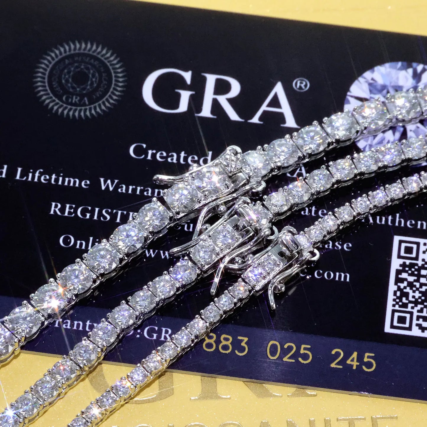 VVS Moissanite Tennis Chain displayed elegantly with dazzling stones on a branding card.