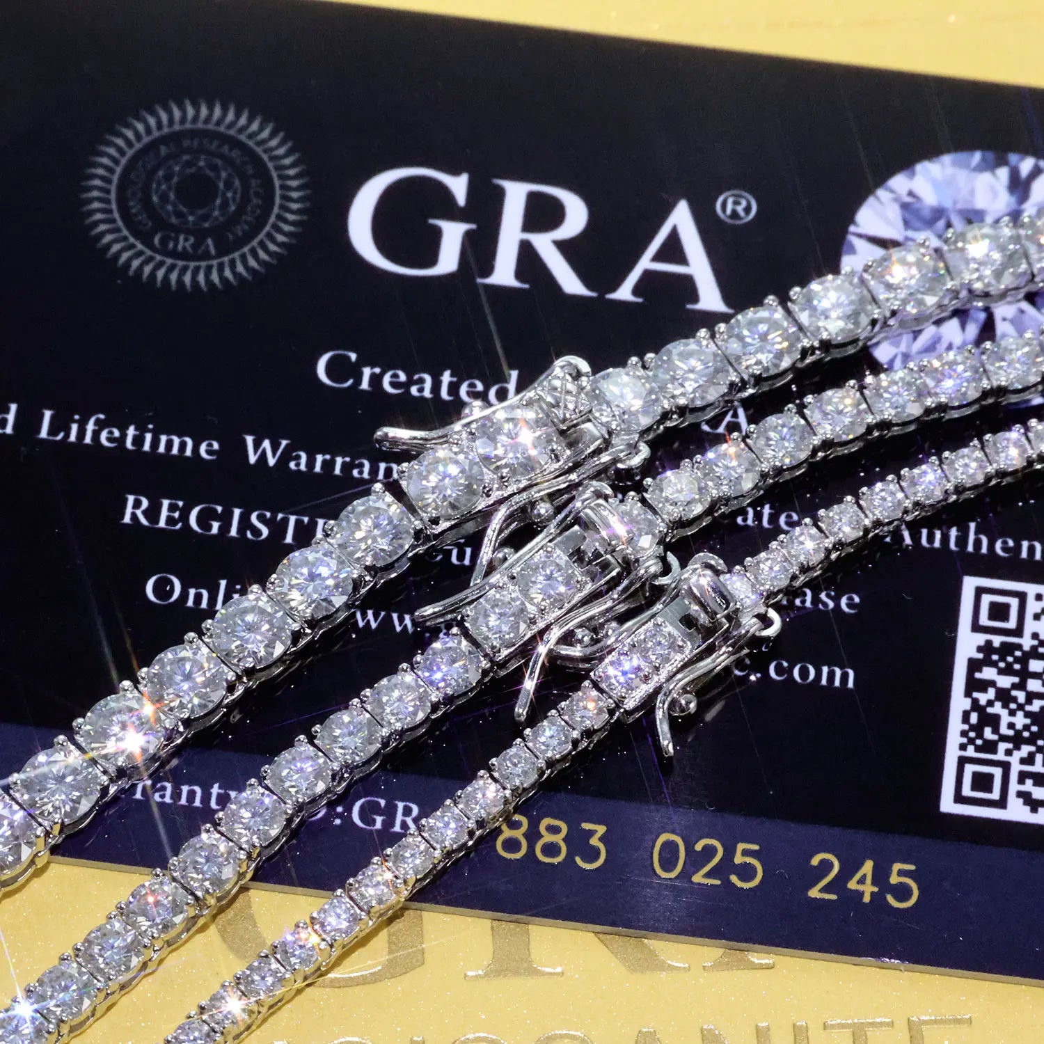 VVS Moissanite Tennis Chain displayed elegantly with dazzling stones on a branding card.