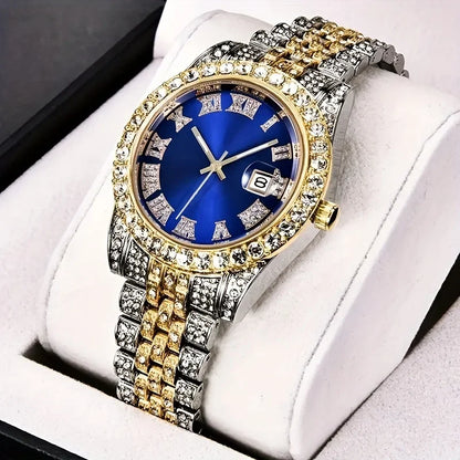 Vintage Watch Inspired Retro Quartz Timepiece blue dial displayed on foam watch stand