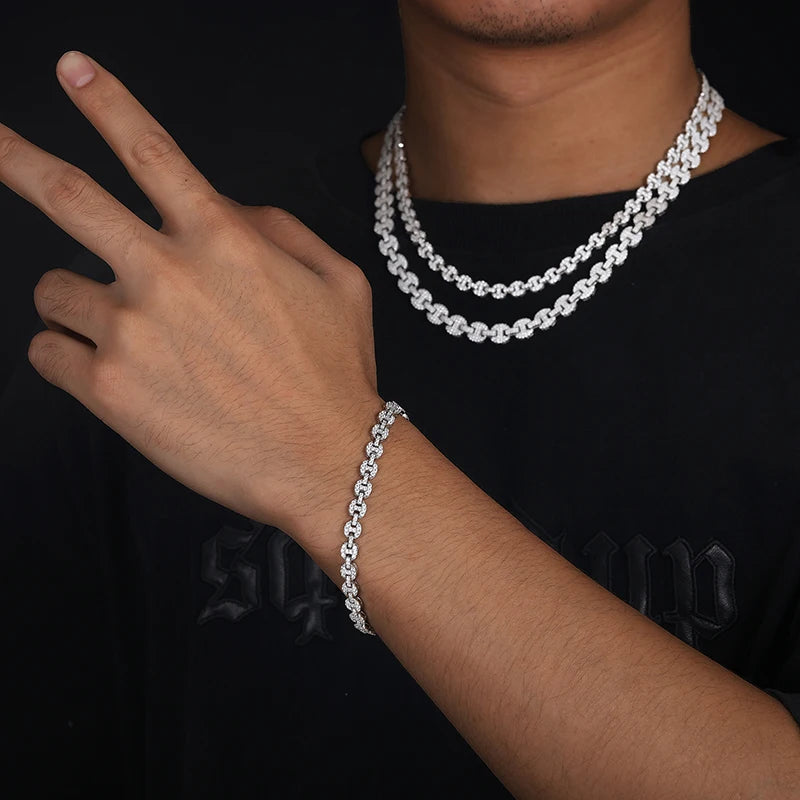 Model wearing 925 silver pig nose moissanite Chain and Bracelet lifestyle shot