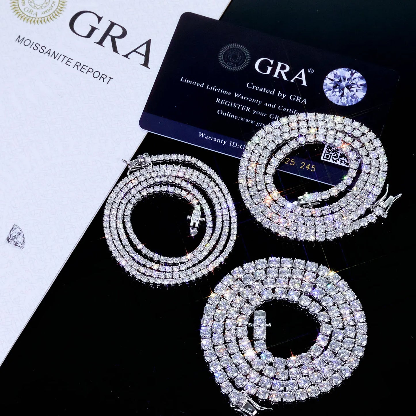 VVS Moissanite Tennis Chain with GRA Moissanite Report showcasing sparkling jewelry with lifetime warranty.