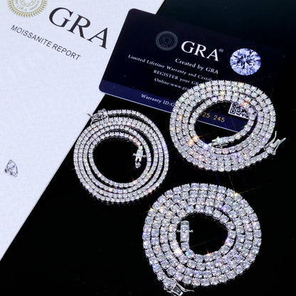 VVS Moissanite Tennis Chain with GRA Moissanite Report showcasing sparkling jewelry with lifetime warranty.