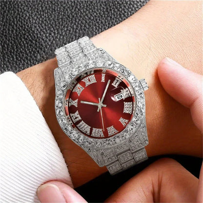 Model wearing SILVER Vintage Watch Inspired Retro Quartz Timepiece red dial