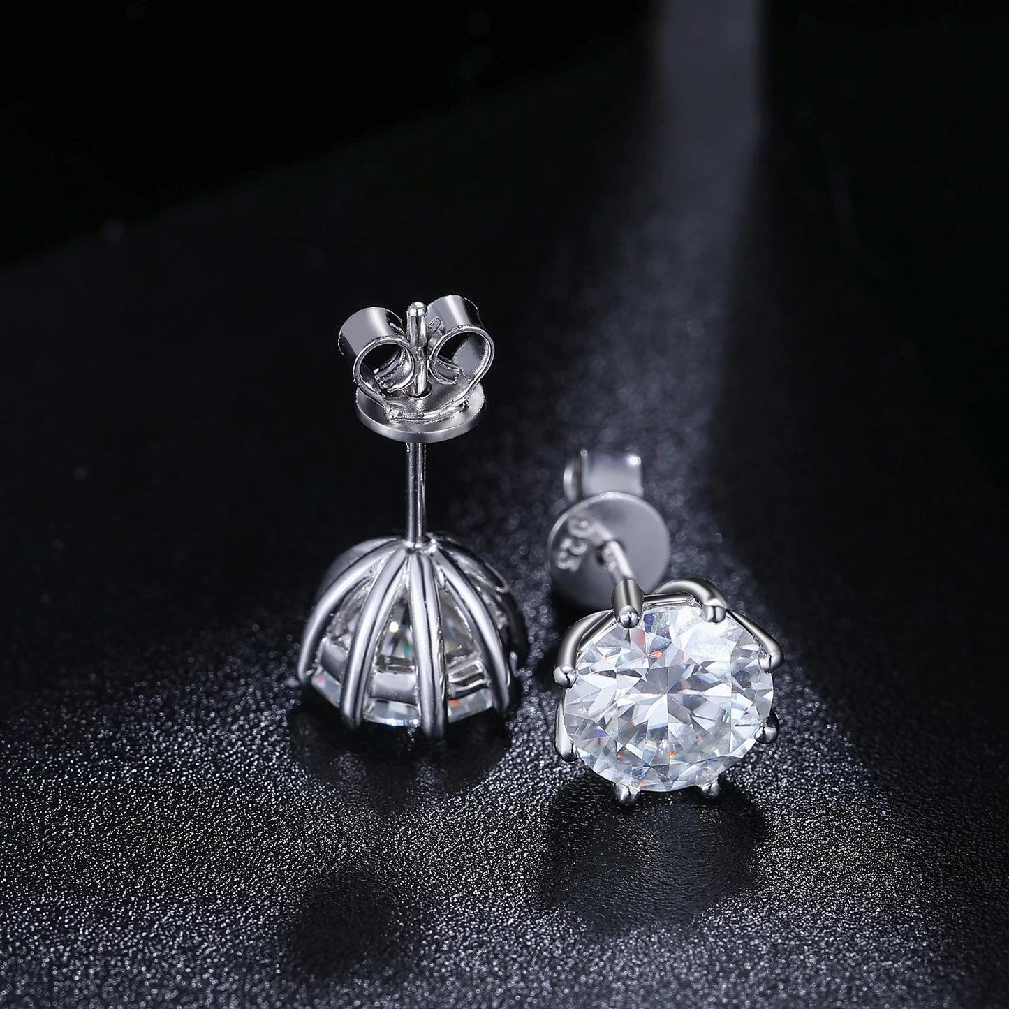 VVS Moissanite 0.5-12ct 8 Prong Stud Earrings showcasing a brilliant VVS moissanite stone in an elegant setting.