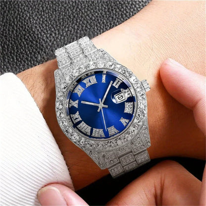 Model wearing Silver Vintage Watch Inspired Retro Quartz Timepiece blue dial