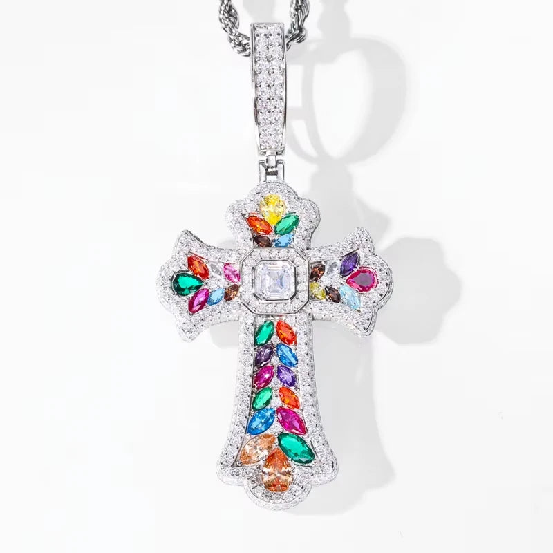 Silver moissanite cross pendant necklace with multicolor stones