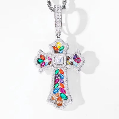 Silver moissanite cross pendant necklace with multicolor stones