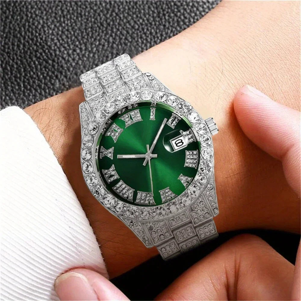 Model wearing Vintage Watch Inspired Retro Quartz Timepiece green dial