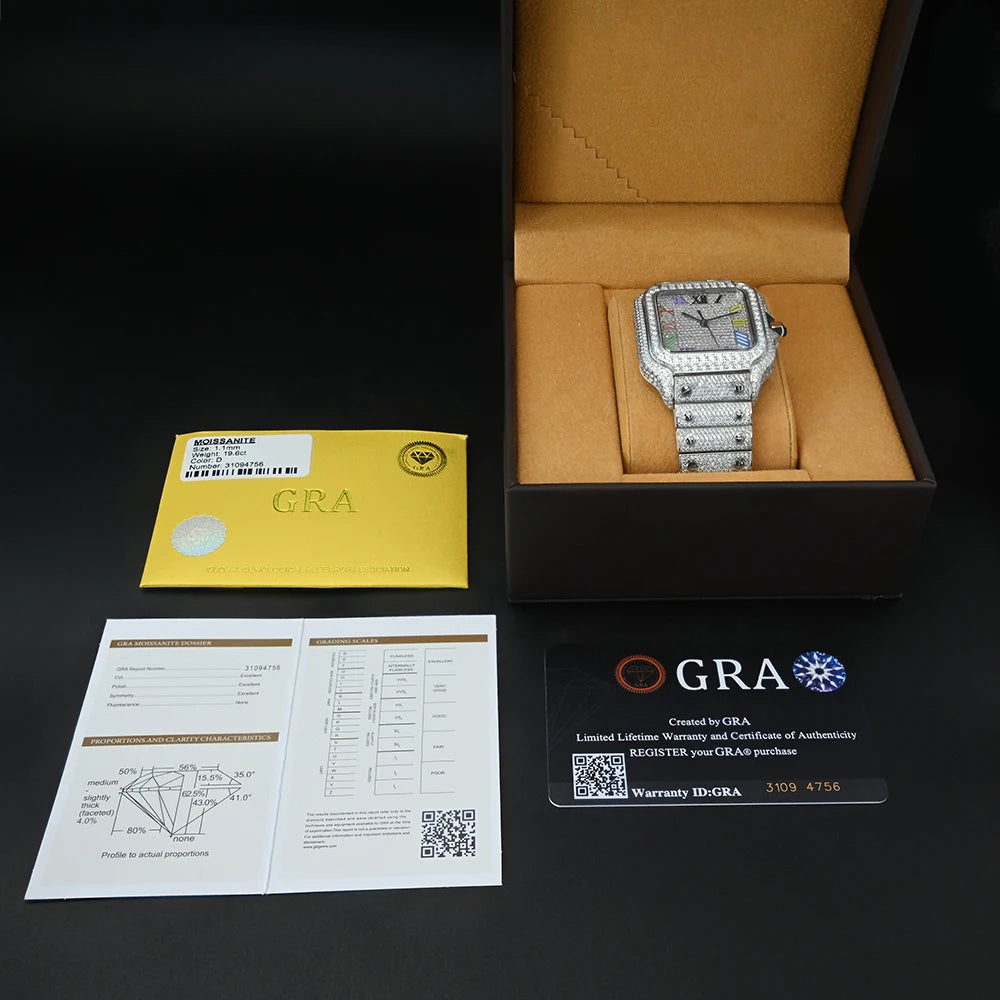 Moissanite Diamond Automatic Watch in box packaging 