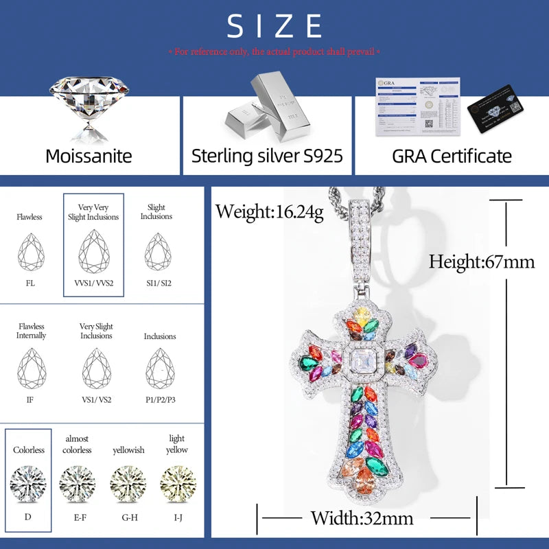 Close-up of moissanite cross pendant necklace showing stone detail