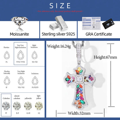 Close-up of moissanite cross pendant necklace showing stone detail
