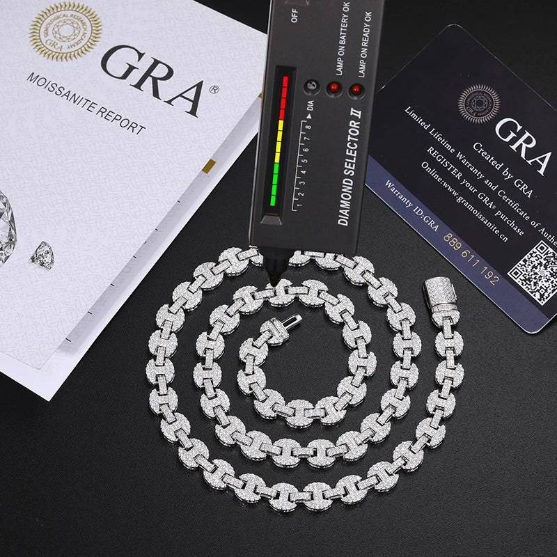  925 Silver Pig Nose Moissanite Chain and Bracelet displayed on a black background