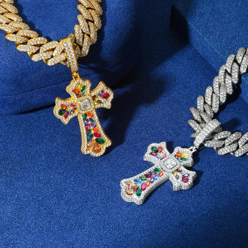 Moissanite Cross Pendant necklace on blue background