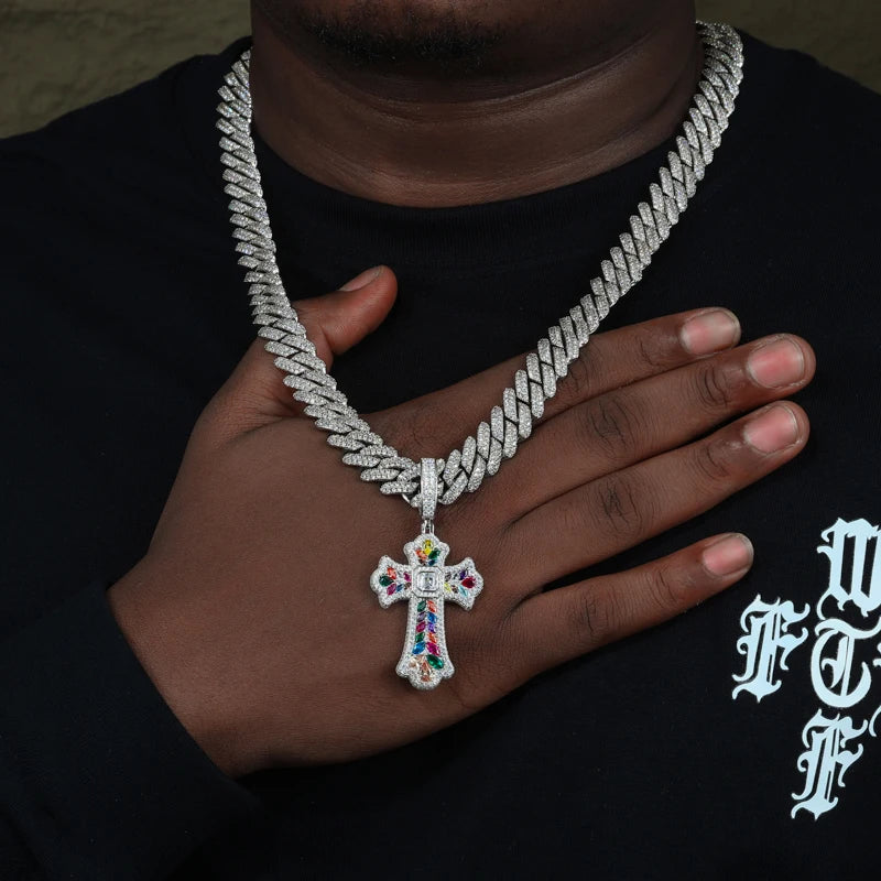Model wearing moissanite cross pendant necklace lifestyle shot