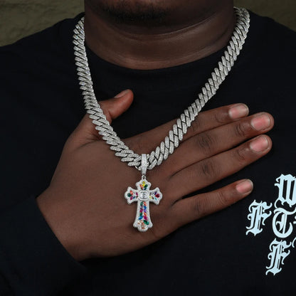 Model wearing moissanite cross pendant necklace lifestyle shot