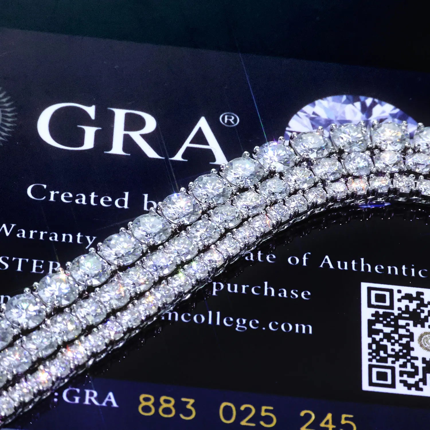 VVS Moissanite Tennis Chain displayed on GRA authenticity card with sparkling moissanite stones.