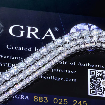 VVS Moissanite Tennis Chain displayed on GRA authenticity card with sparkling moissanite stones.