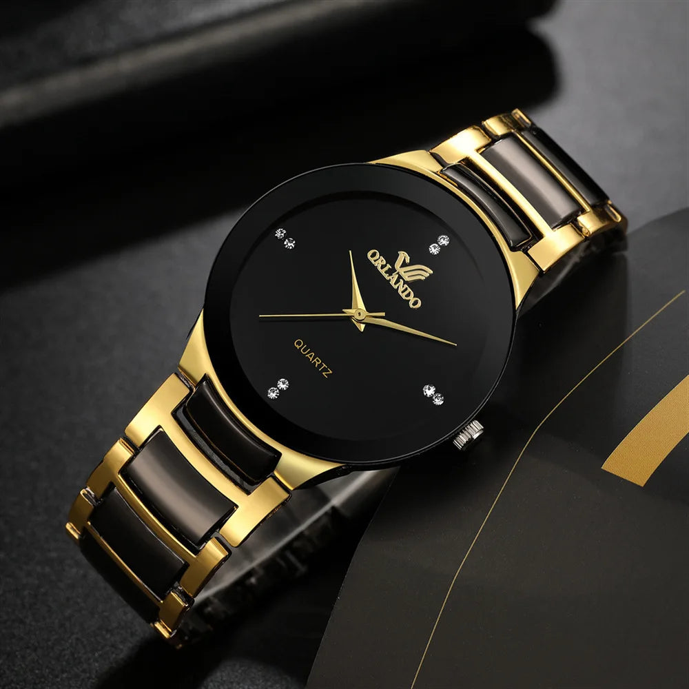 Black Dial Steel Quartz Watch on black background