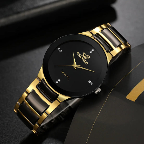 Black Dial Steel Quartz Watch on black background