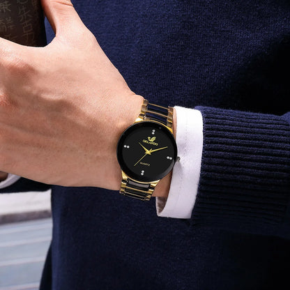 Close up of Black Dial Steel Quartz Watch with stainless steel band