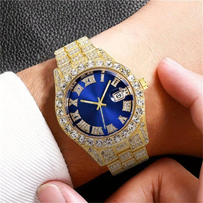 Model wearing Gold Vintage Watch Inspired Retro Quartz Timepiece blue dial