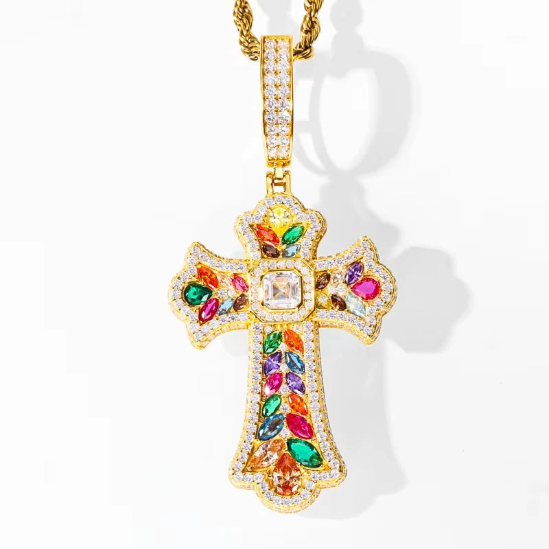 Iced moissanite cross pendant necklace rainbow stone design front view Gold colour 